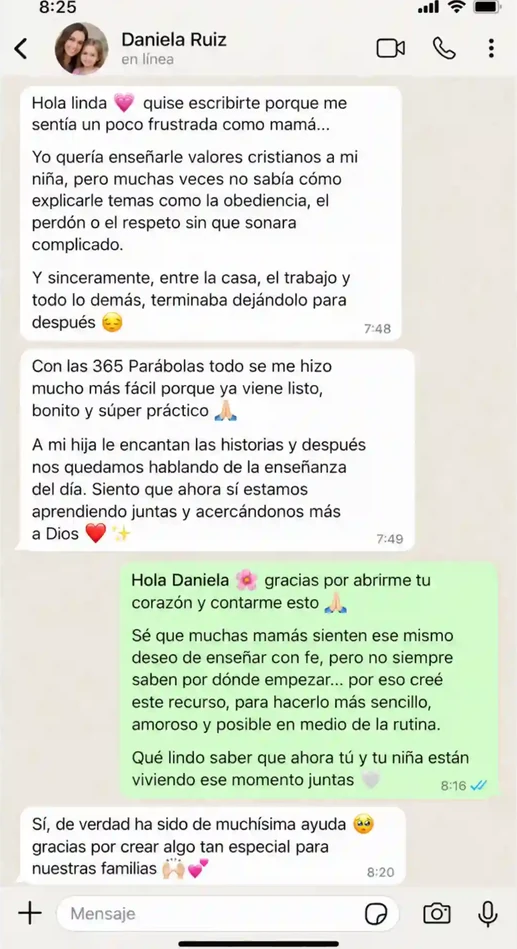 Conversación de WhatsApp de Daniela Ruiz contando cómo las 365 Parábolas le ayudan a enseñar valores cristianos a su hija